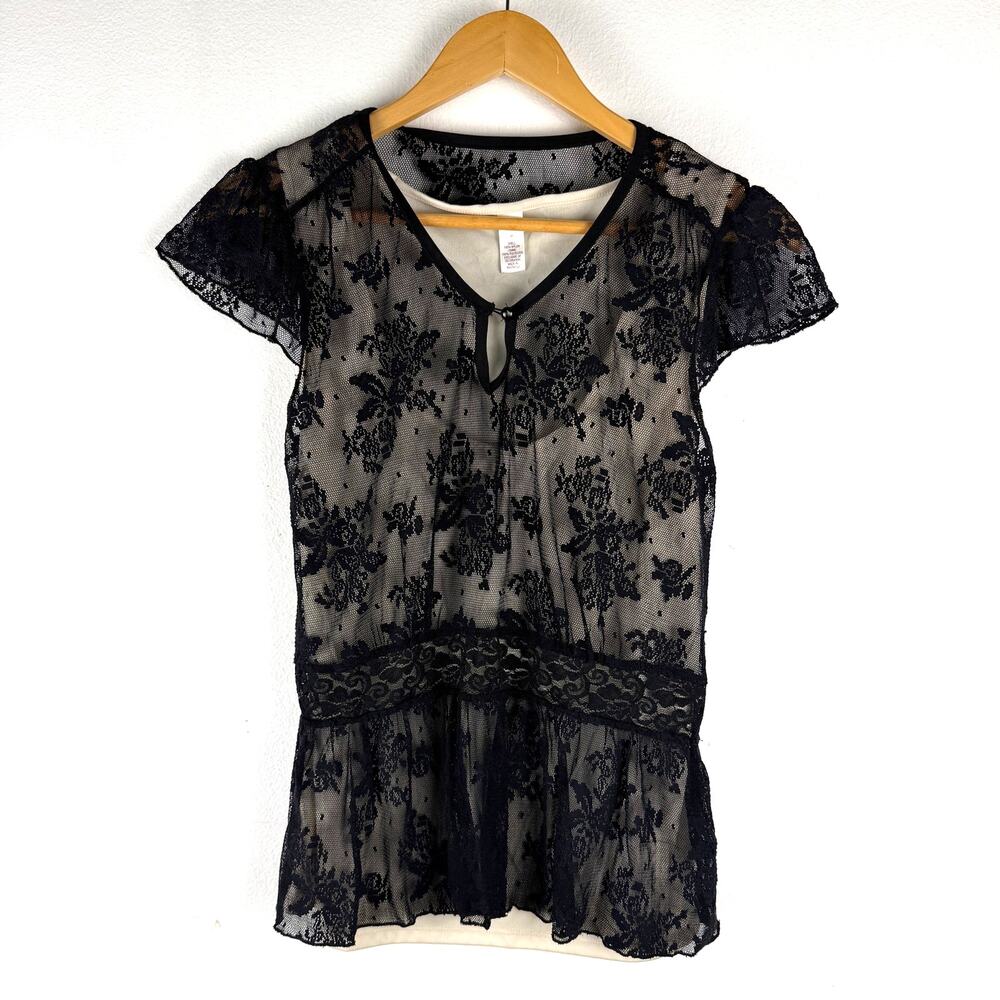 Vintage Y2K Merona Black Mesh Floral Lace Overlay Top Women's Medium Goth Witchy